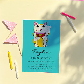 Convites Gato Japonês Maneki Neko Acenando no Aniversário