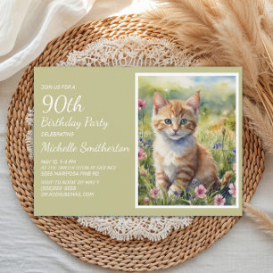 Convites Gato Laranja Amarelo Fofo Aquarela 90º Aniversário