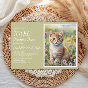 Convites Gato Laranja Amarelo Fofo em Aquarela 100º Anivers