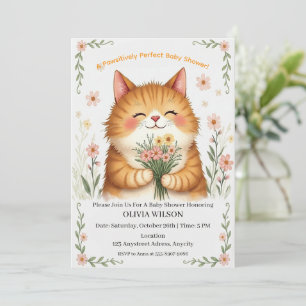 Convites Gato Laranja com um Buquê de Flores