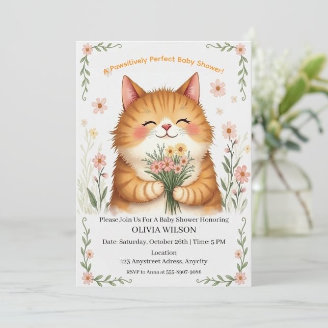 Convites Gato Laranja com um Buquê de Flores (Em pé/Frente)