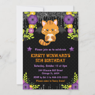 Convites Gato Laranja Fofo Floral Aniversário de Halloween