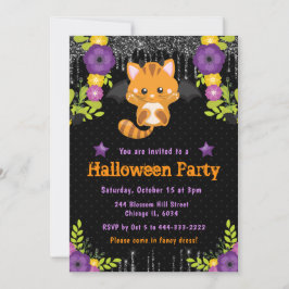 Convites Gato Laranja Fofo Floral Festa de Halloween