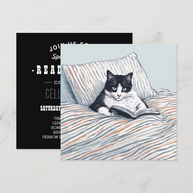 Convites gato lendo na cama (Frente/Verso)