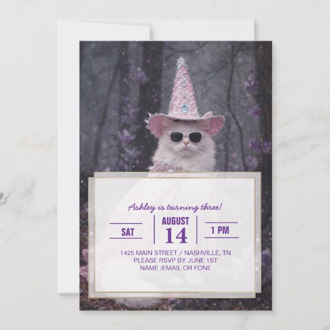 Convites Gato Mágico Feiticeiro em Capa e Chapéu Rosa Brilh (Frente)