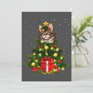 Convites Gato Maine Coon Gato Luzes Árvore de Natal Amante