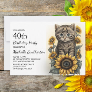 Convites Gato Malhado Cinza Girassóis 40º Aniversário