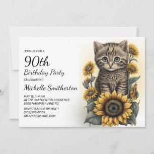 Convites Gato Malhado Cinza Girassóis 90º Aniversário