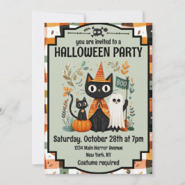 Convites Gato Negro e Fantasma Boo de Halloween