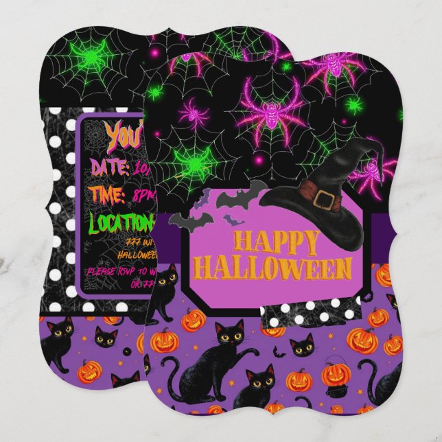 Convites Gato Negro Feliz de Halloween e teia-aranha (Frente/Verso)