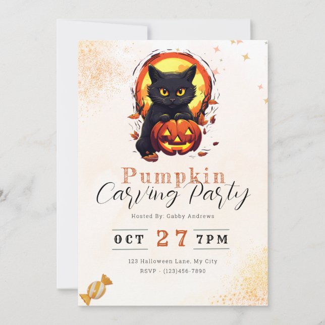 Convites Gato Negro Jack'o- Lanterna Pumpkin Carving Party (Frente)