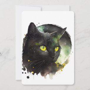 Convites Gato Negro Místico Cores de Água - Arte Noturno En