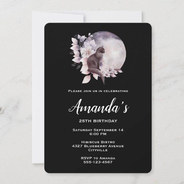 Convites Gato Negro na frente de um aniversário de Lua Mági (Frente)