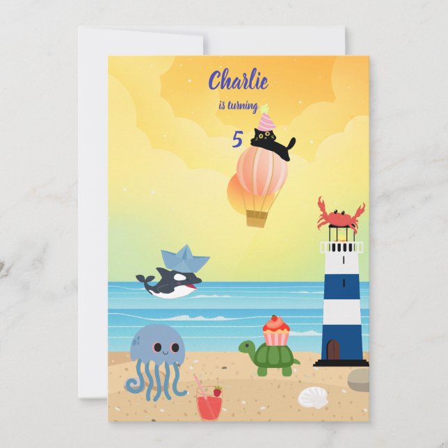Convites Gato Negro no aniversário de Animais do Mar Balão  (Frente)