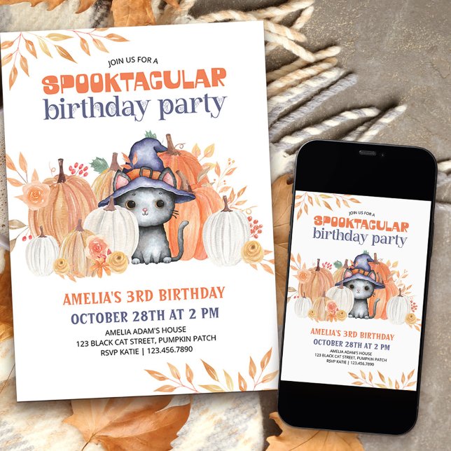 Convites Gato Negro no Aniversário de criança Spooktacular  (Spooktacular birthday party invitation for kids with cute halloween themed design)