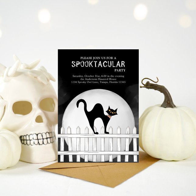 Convites Gato Negro Spooktacular Spookular do Halloween (Halloween spooktacular invitation with whimsical black cat. )