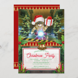 Convites Gato no Papai Noel que entrega presente de Natal