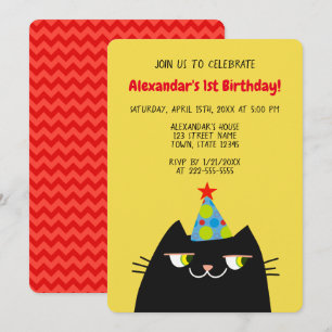 Convites Gato Preto Booo , Engraçado 1º Aniversário Preto