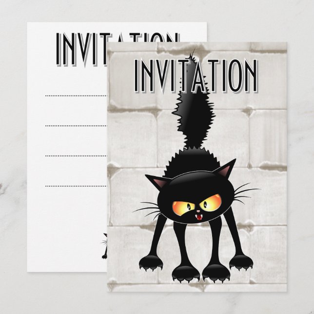 Convites Gato Preto Cartoon Engraçado e Feroz  (Frente/Verso)