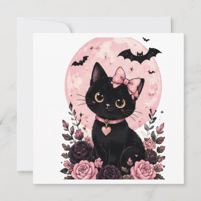 Convites Gato Preto com Colar de Lua Abóbora Rosa (Frente)