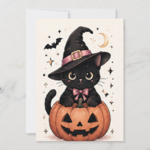 Convites Gato Preto com Laço Rosa Fofo Teia de Aranha
