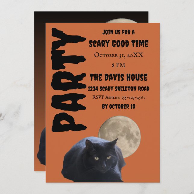 Convites Gato Preto de Lua Completa do Halloween (Frente/Verso)