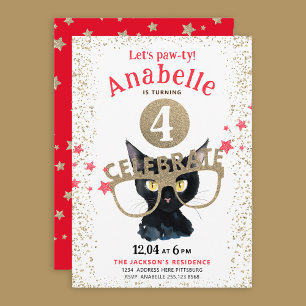 Convites Gato Preto Divertido Dourado Brilho Estrelas Verme