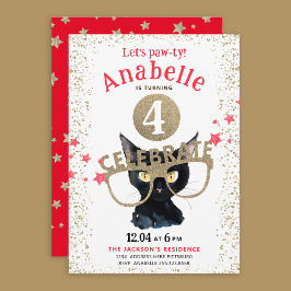 Convites Gato Preto Divertido Glitter Dourado Estrelas Verm