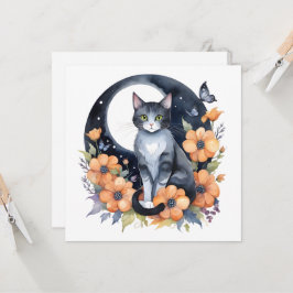 Convites Gato Preto Elegante Arte Floral da Lua Amante de G
