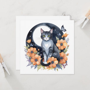 Convites Gato Preto Elegante Arte Floral da Lua Amante de G