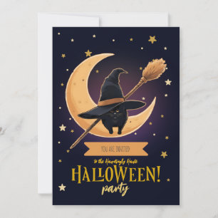 Convites Gato Preto Elegante Lua Crescente Vassoura Hallowe