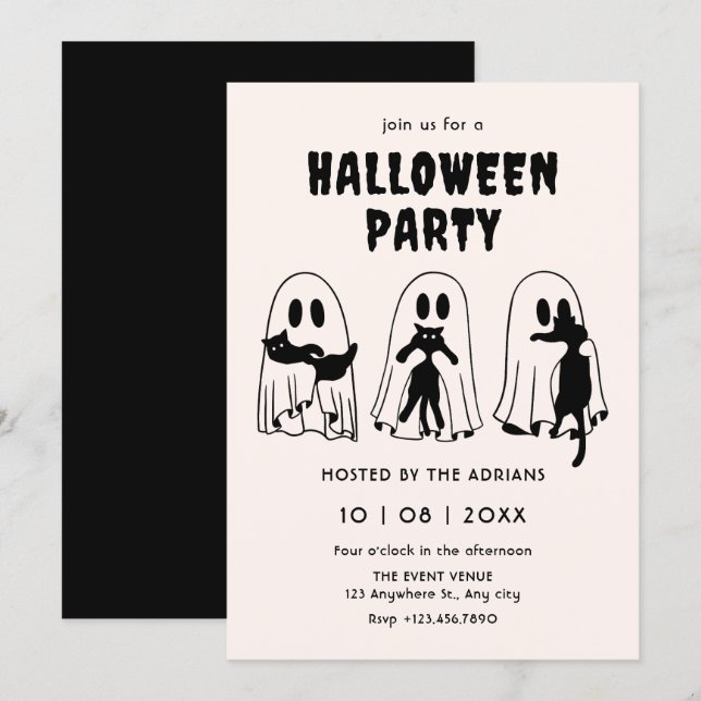 Convites gato preto fantasma halloween  (Frente/Verso)