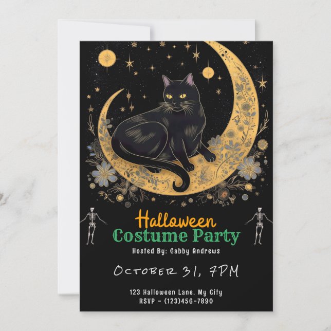 Convites Gato Preto sob uma Lua Crescente Black Halloween (Frente)