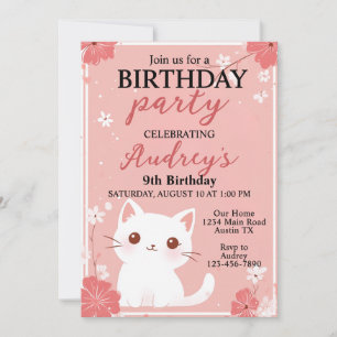 Convites Gato Rosa Pastel Aniversário Menina Qualquer Idade