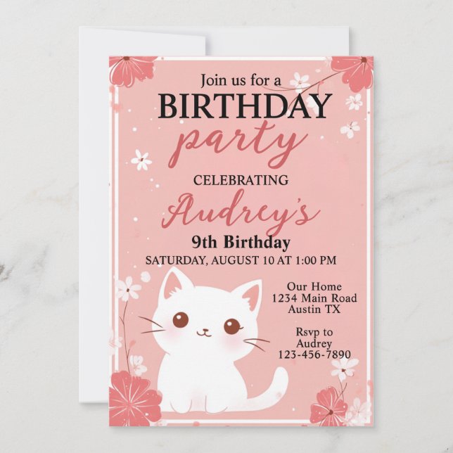 Convites Gato Rosa Pastel Qualquer Menina Idade Aniversário (Frente)