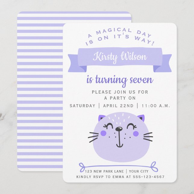 Convites Gato Roxo | Lilac Stripes - Aniversário de criança (Frente/Verso)
