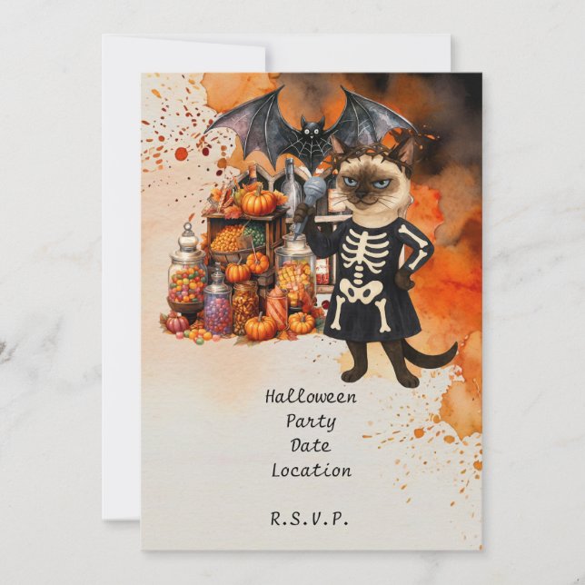 Convites Gato Siames e Amigos Hospedam Festa de Halloween (Frente)