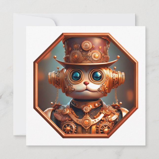 Convites Gato Soldado Steampunk em Moldura de Bronze de 8 L (Frente)