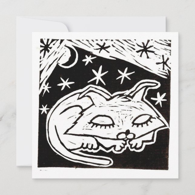 Convites Gato sonhando entre as estrelas Linocut (Frente)