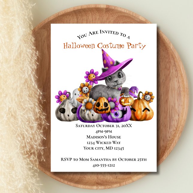 Convites Gatos Abóboras Roxo Laranja Festa de Halloween par (Cats Pumpkins Halloween Party Invitation. Printed or Digital Download)