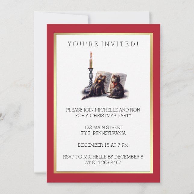 Convites Gatos de Natal Vitorianos, Cachos Vermelhos e Dour (Frente)