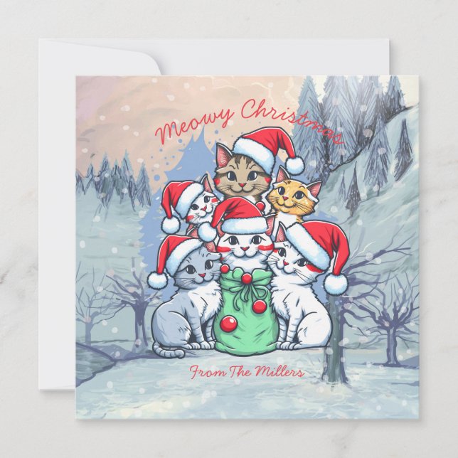 Convites Gatos Feliz Natal, Meowy Natal, Presente Divertido (Frente)
