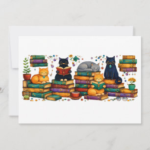Convites Gatos Lendo Livros Cena Aconchegante de Biblioteca