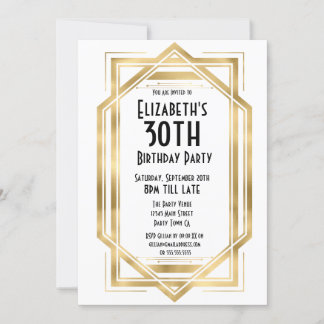 Convites Gatsby Anos 20 Art Déco Branco | Ouro 30º Aniversá