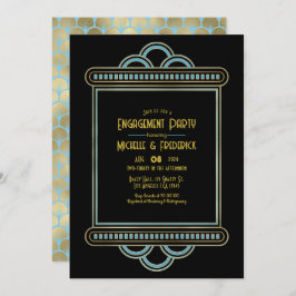 Convites Gatsby Art Deco Blue & Gold Engagement Party Photo