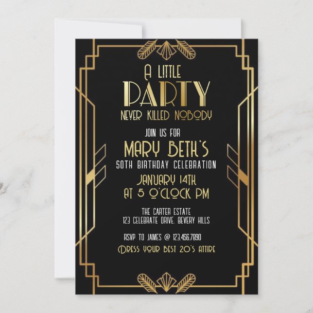 Convites Gatsby, Art Deco, murder mystery, Soirees (Frente)