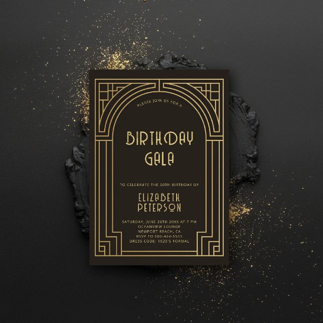Convites Gatsby Art Deco Nouveau Dourado Roaring 20s Aniver (gatsby party invitation roaring 20s twenties art deco nouveau frame black gold formal elegant)