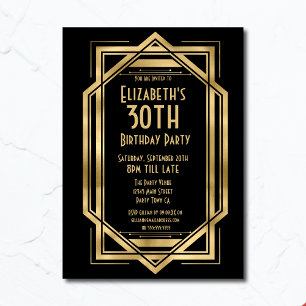 Convites Gatsby Art Déco Preto Dourado Aniversário de 30