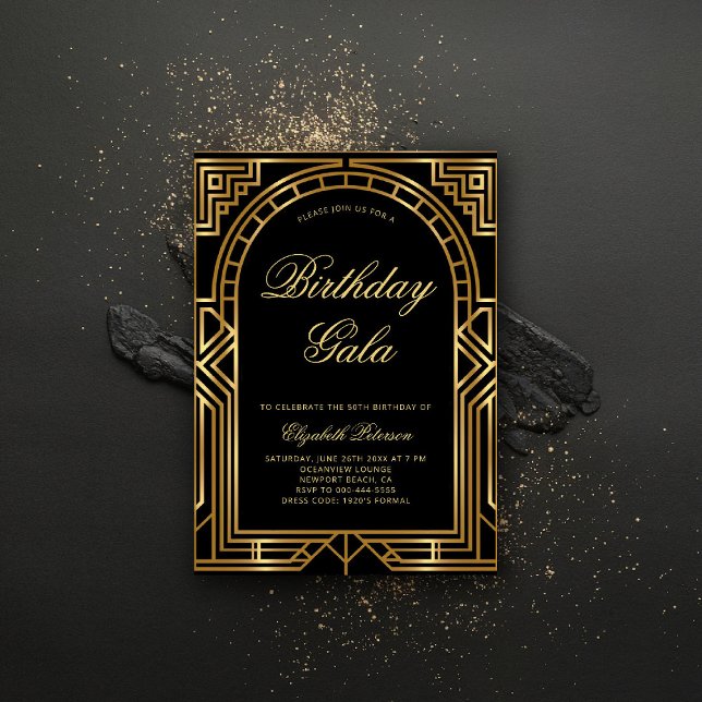 Convites Gatsby Deco Roaring 20s Elegante Arch Dourado Birt (gatsby invitation roaring 20s twenties art deco black tie elegant formal business corporate event)