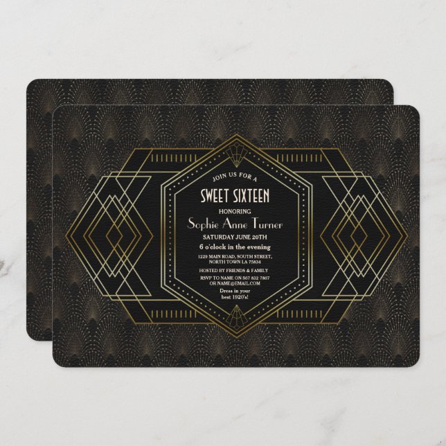 Convites Gatsby, Excelente negro Dourado elegante, 16 (Frente/Verso)